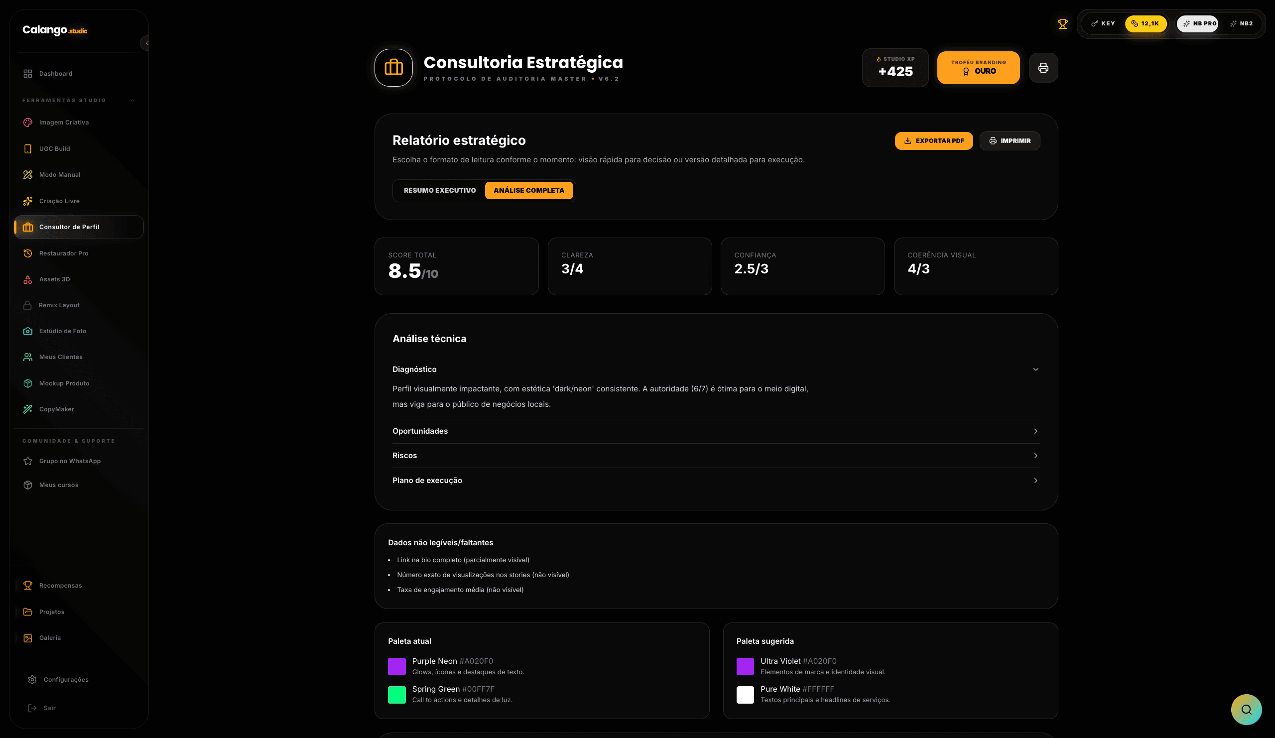 Resultado da função Consultor de Perfil no Calango Studio
