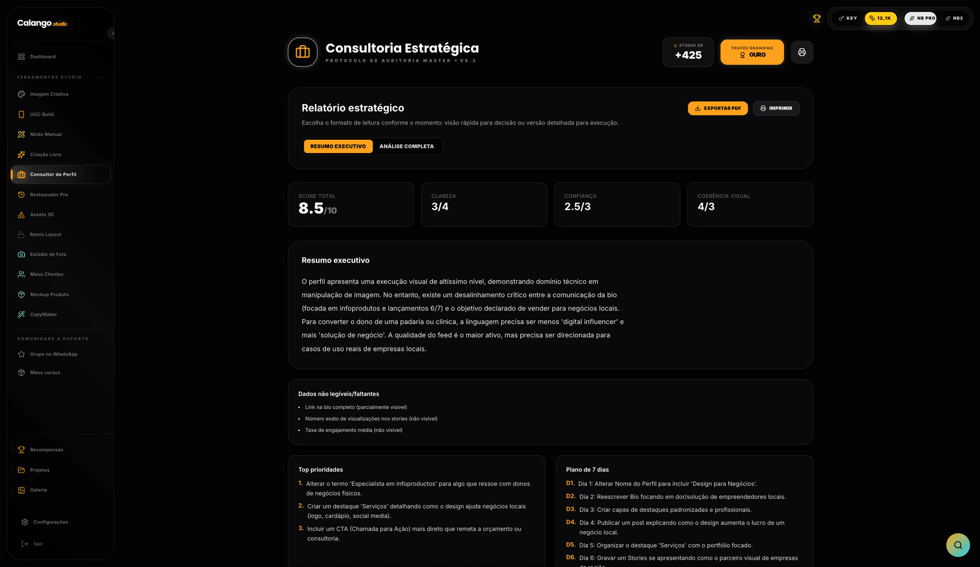 Tela do Consultor de Perfil no Calango Studio