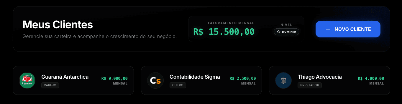 Tela de Clientes no Calango Studio com o botão de novo cliente