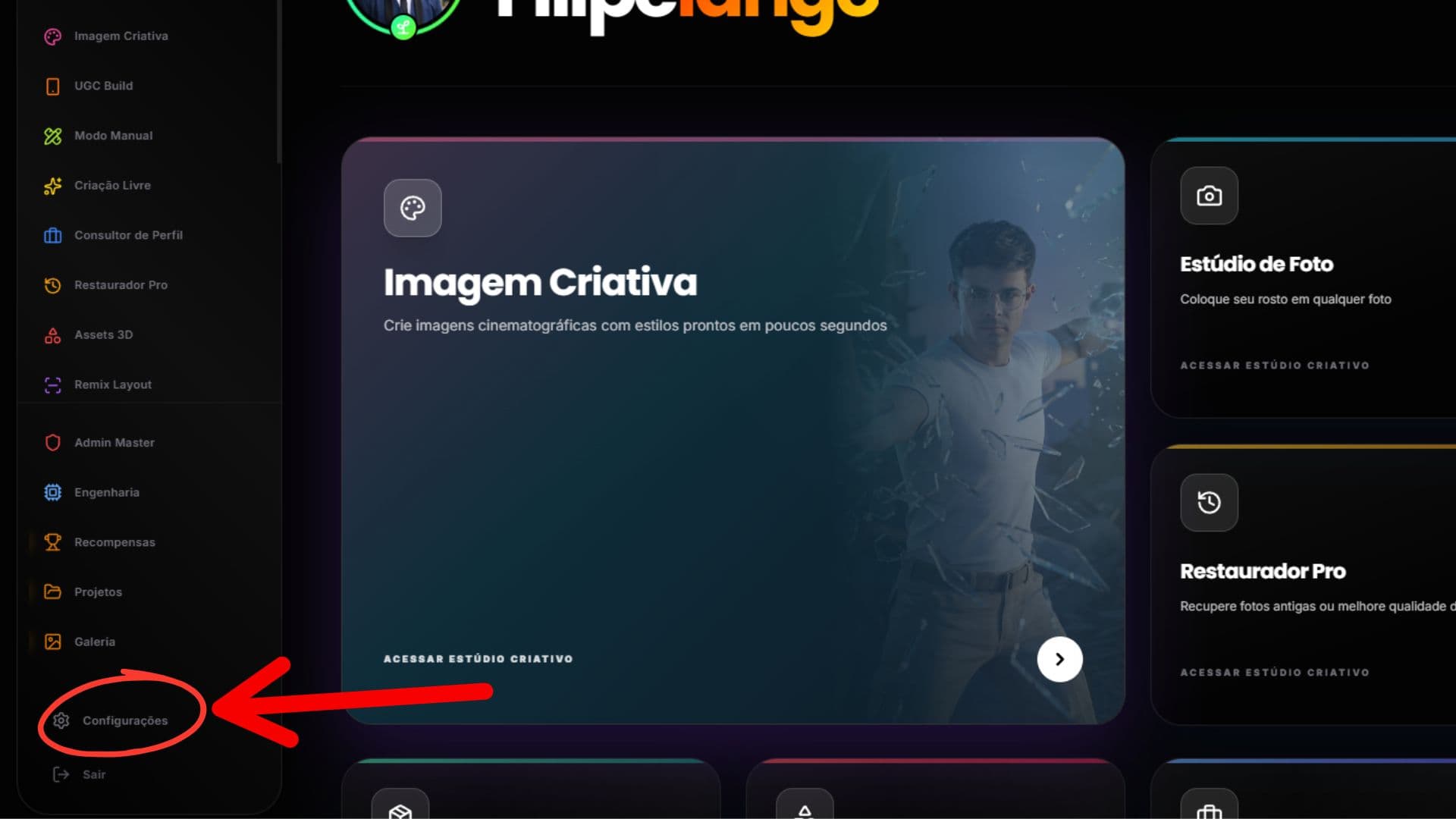 Menu lateral do Calango Studio com a opção Configurações destacada