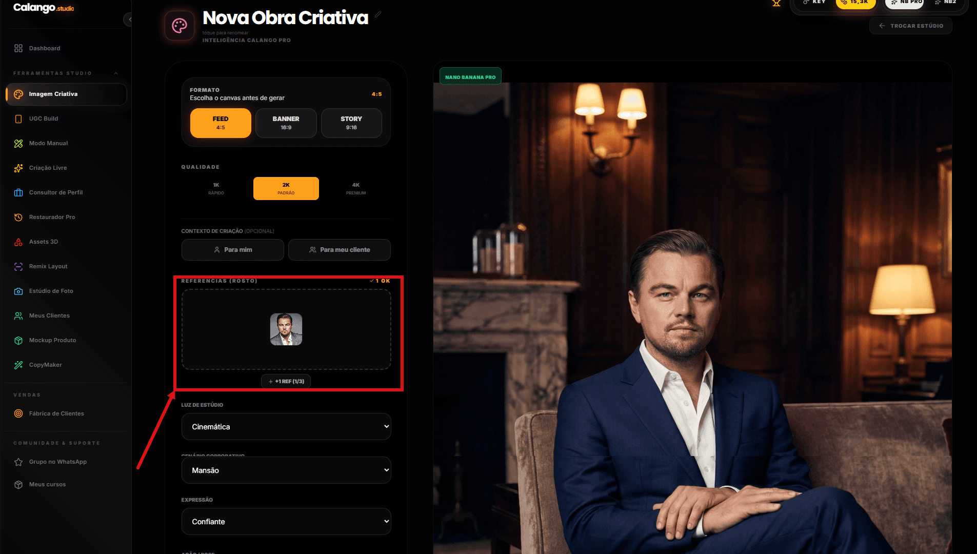 Seção de upload de fotos de referência no Calango Studio