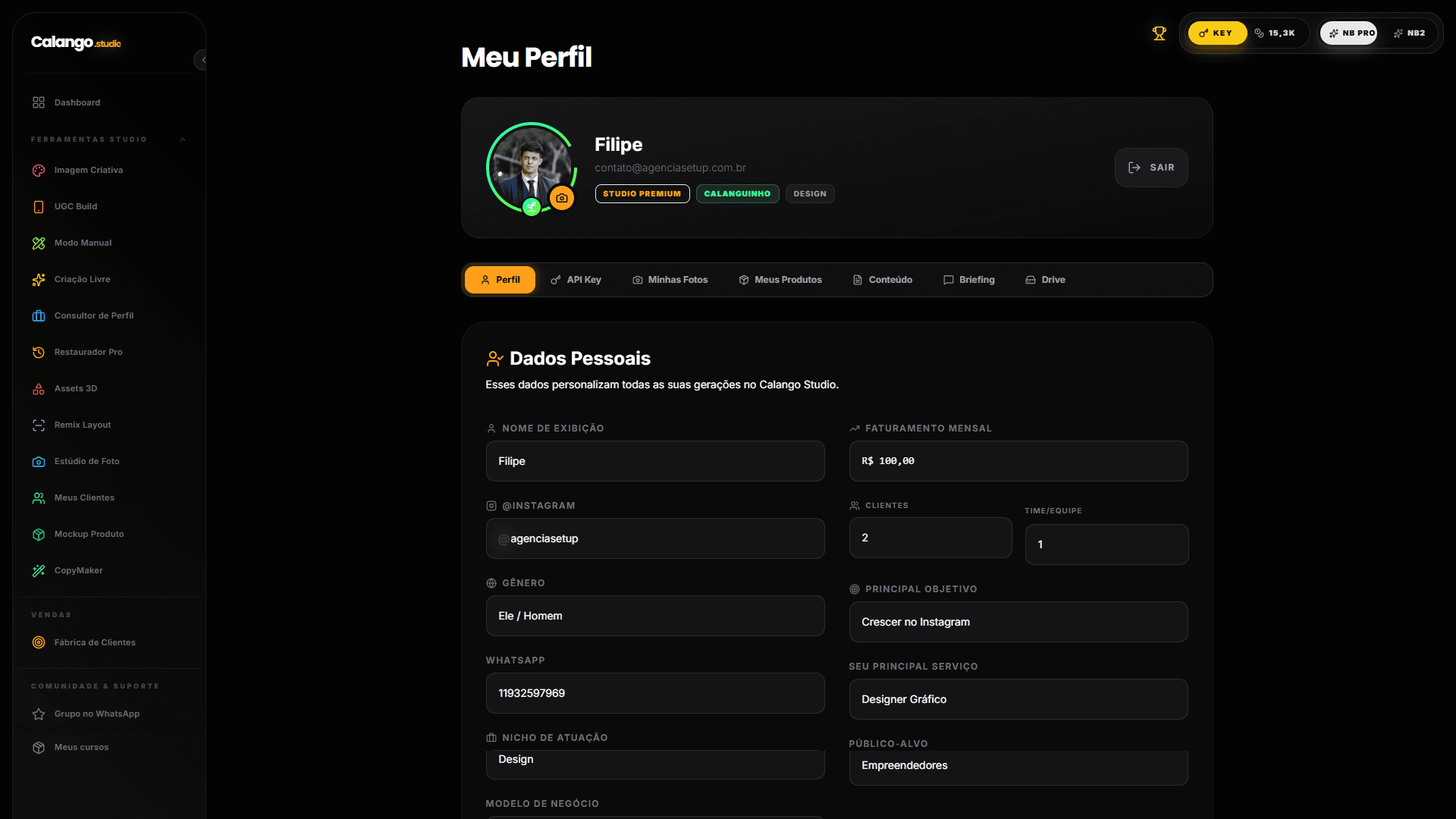 Tela de configurações do perfil no Calango Studio