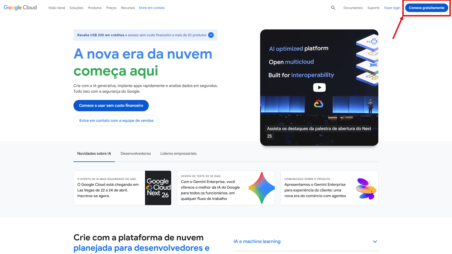 Tela de cadastro do Google Cloud com botão Comece gratuitamente