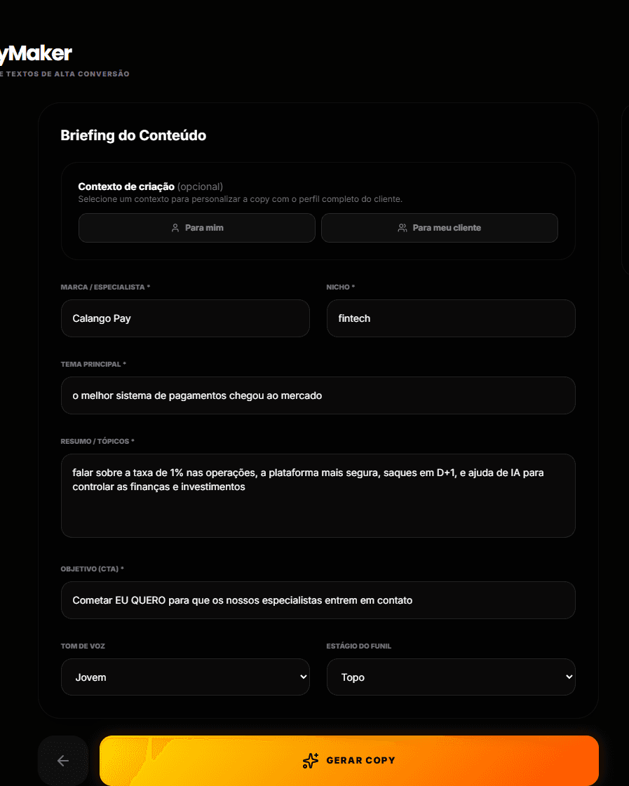 Formulário de briefing do CopyMaker