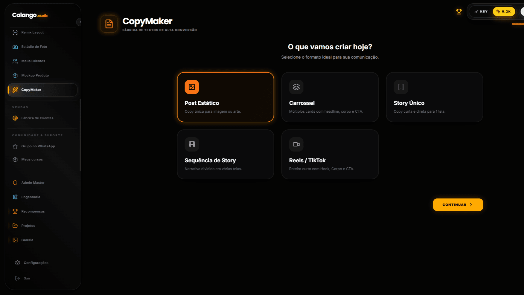 Seleção de formato de post no CopyMaker