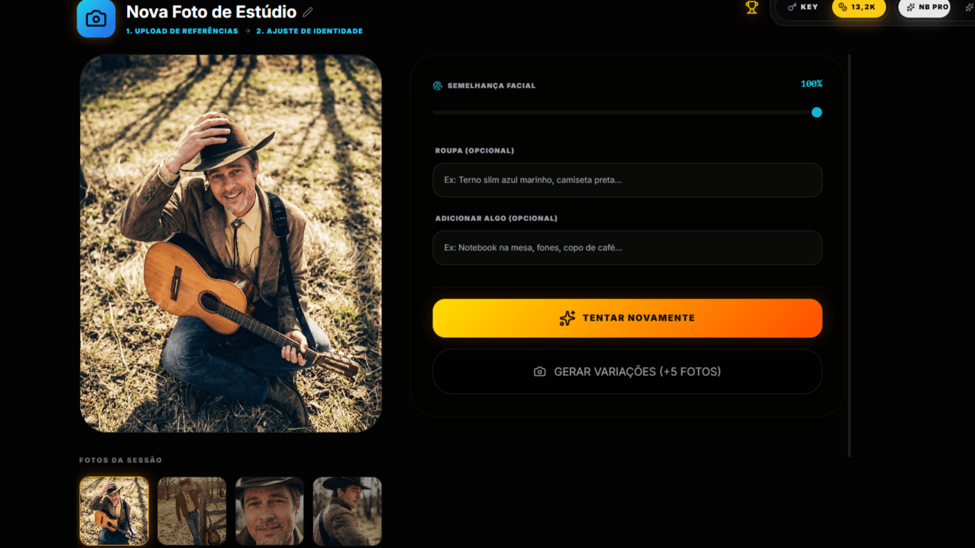 Galeria com 5 poses geradas no Estúdio de Foto